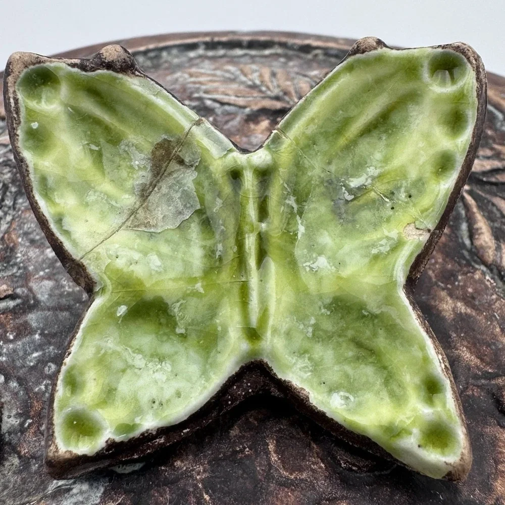 VTG Treasure Craft Tea Jar‎ Green Butterfly & Kids Ceramic WoodGrain CottageCore